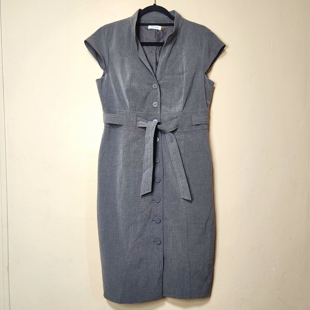 Calvin Klein Gray Button Front Belted Sheath Dress V-Neck Womens Size 12